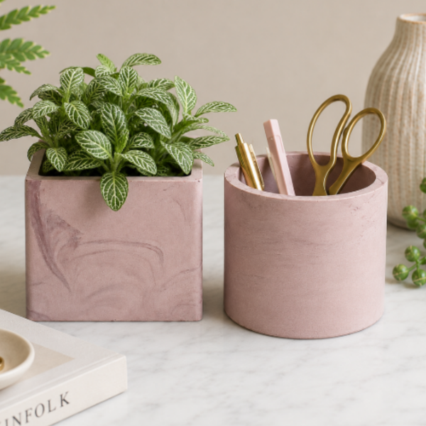Dusty Pink Marble Plant Pot Set (Set of 2)