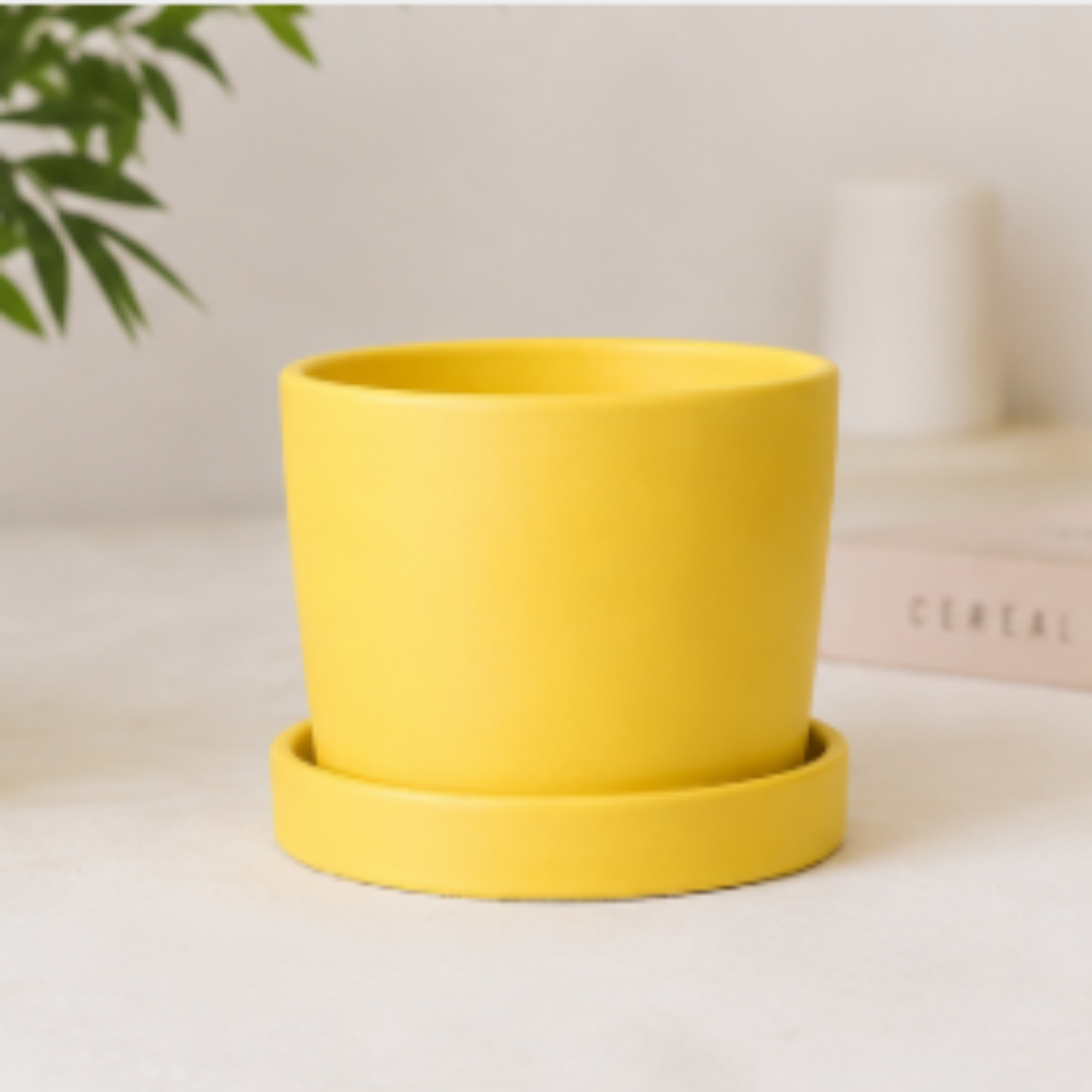 Matte Yellow Ceramic Planter with Saucer