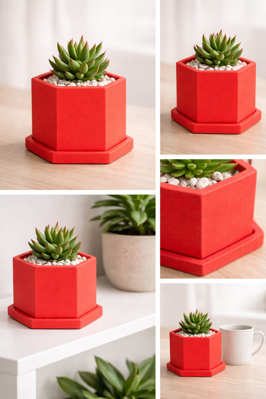 Red Hexagon Concrete Plant Pot