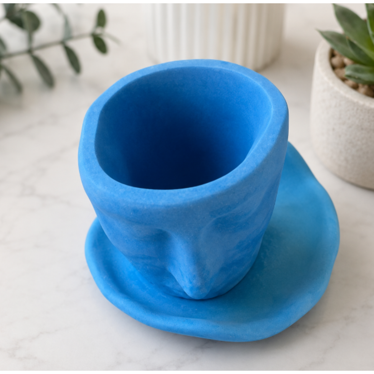 Face Planter Pot with Saucer – Blue