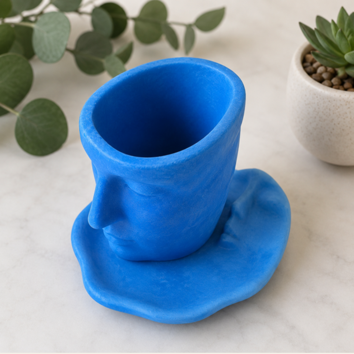 Face Planter Pot with Saucer – Blue