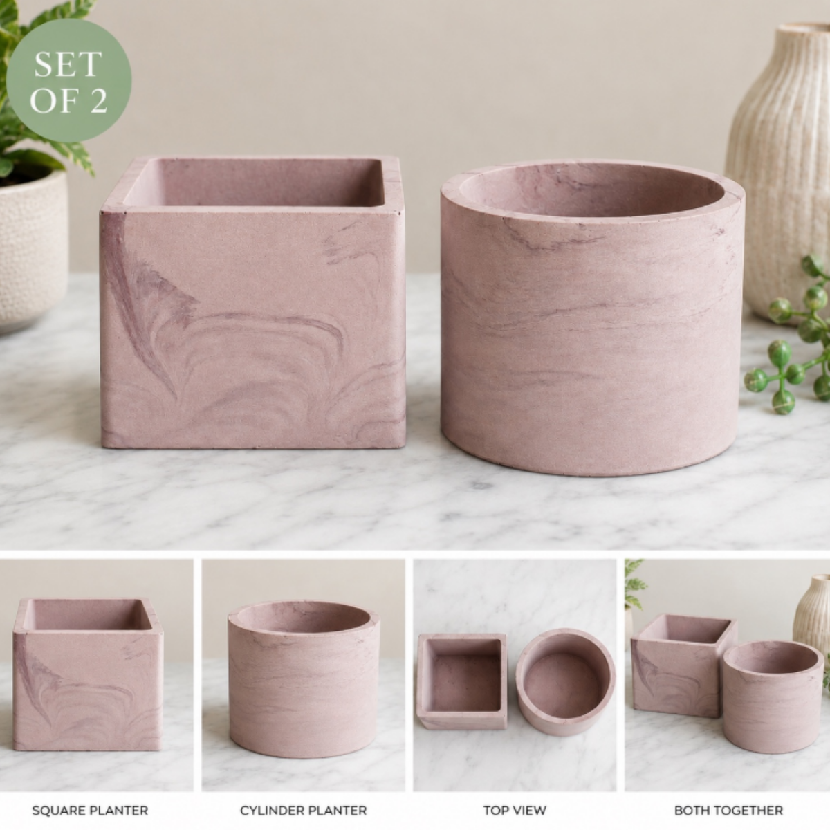 Dusty Pink Marble Plant Pot Set (Set of 2)
