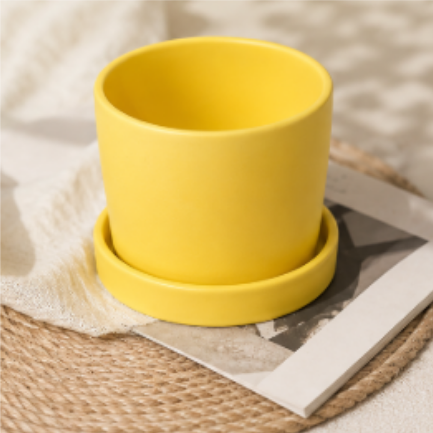 Matte Yellow Ceramic Planter with Saucer